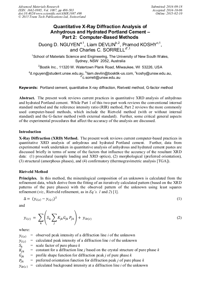 Quantitative X Ray Diffraction Analysis Of Anhydrous And Hydrated Portland Cement Part 2 Computer Based Methods Scientific Net