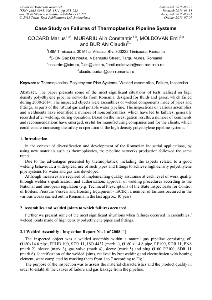 Case Study On Failures Of Thermoplastics Pipeline Systems Scientific Net