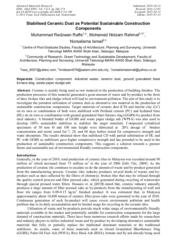 Stabilised Ceramic Dust as Potential Sustainable Construction