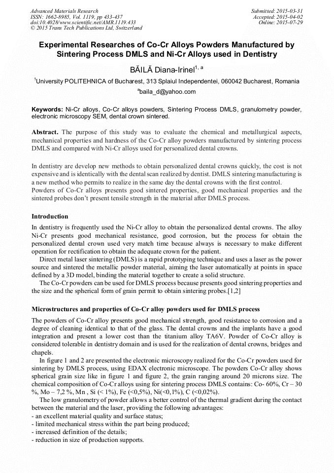 Experimental Researches of CoCr Alloys Powders Manufactured by