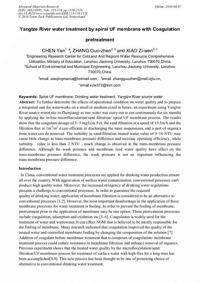 Yangtze River Water Treatment by Spiral UF Membrane with Coagulation