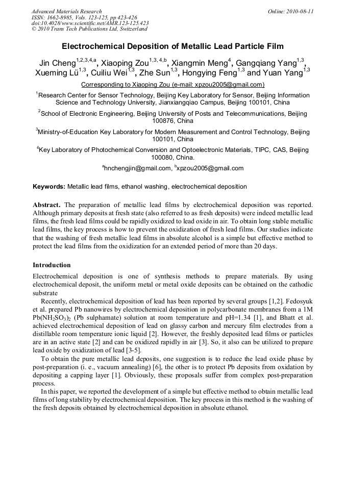 Electrochemical Deposition of Metallic Lead Particle Film