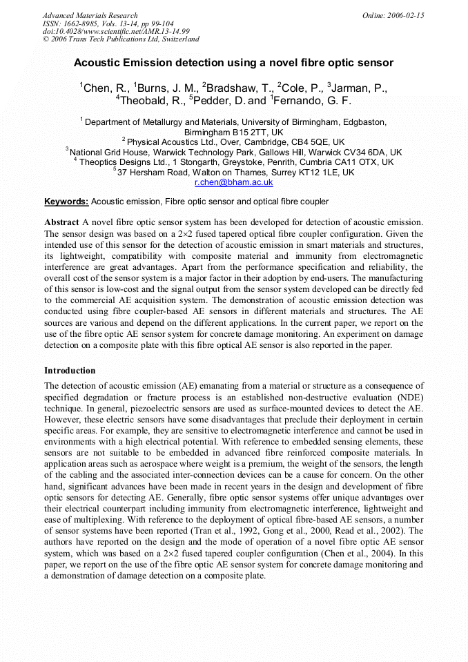 Acoustic Emission Detection Using A Novel Fibre Optic Sensor Scientific Net