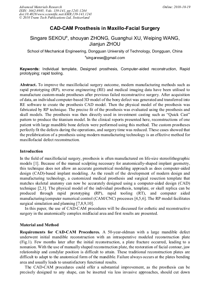 CAD-CAM Prosthesis in Maxillo-Facial Surgery | Scientific.Net
