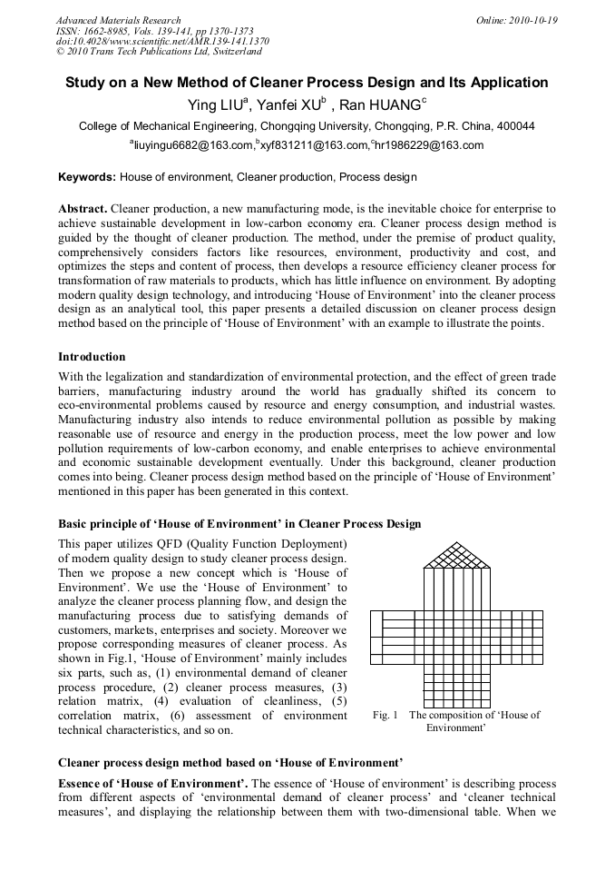 Study on a New Method of Cleaner Process Design and its Application ...