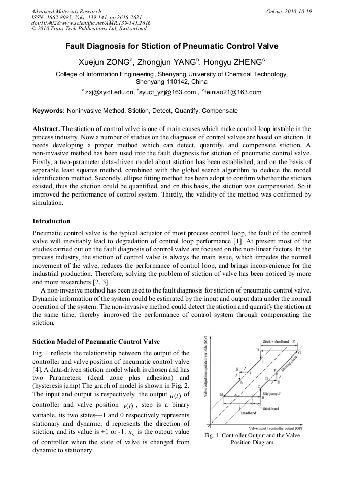 Fault Diagnosis for Stiction of Pneumatic Control Valve