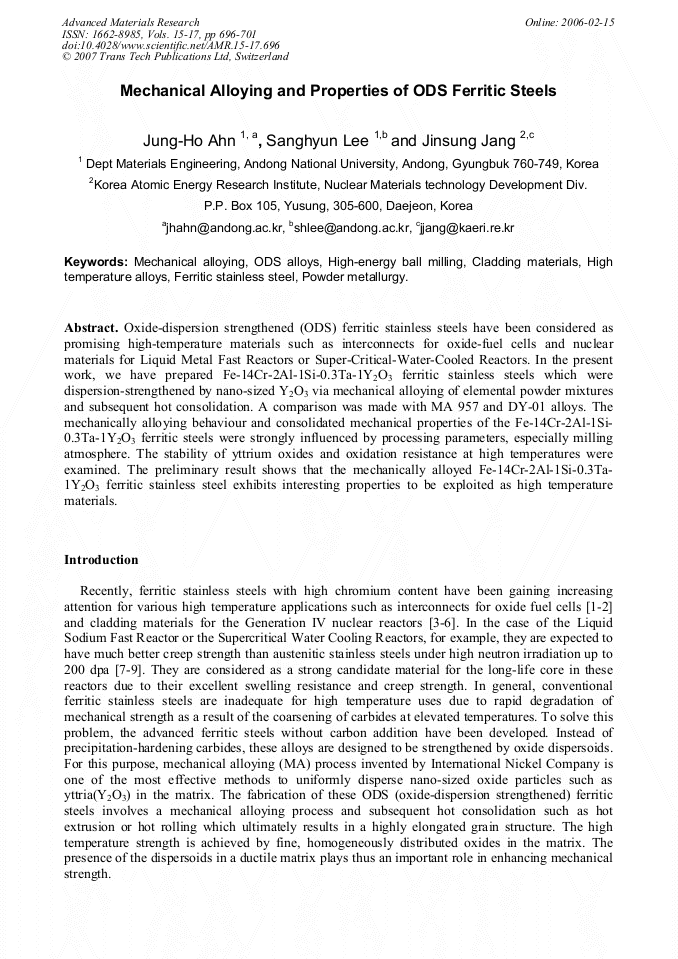 Mechanical Alloying And Properties Of Ods Ferritic Steels - 