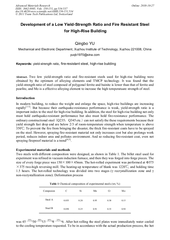 Development of a Low YieldStrength Ratio and Fire Resistant Steel for