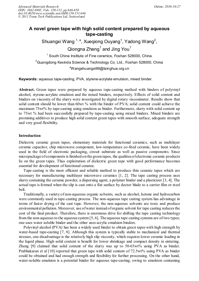 A Novel Green Tape with High Solid Content Prepared by Aqueous Tape