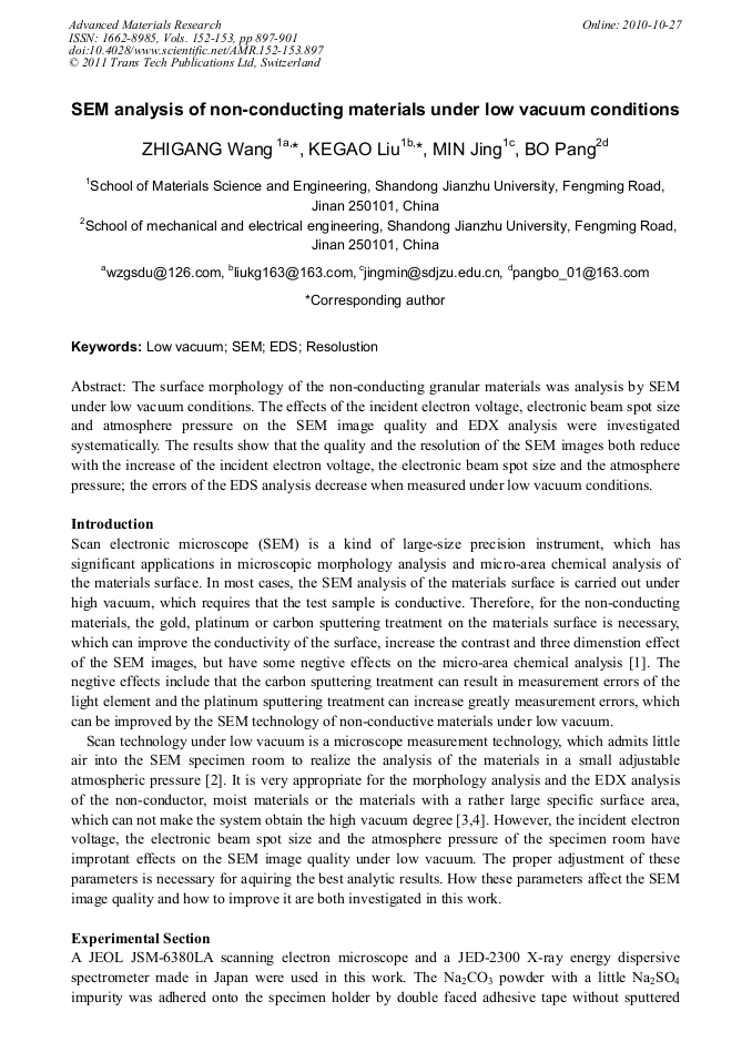 SEM Analysis of NonConducting Materials under Low Vacuum Conditions