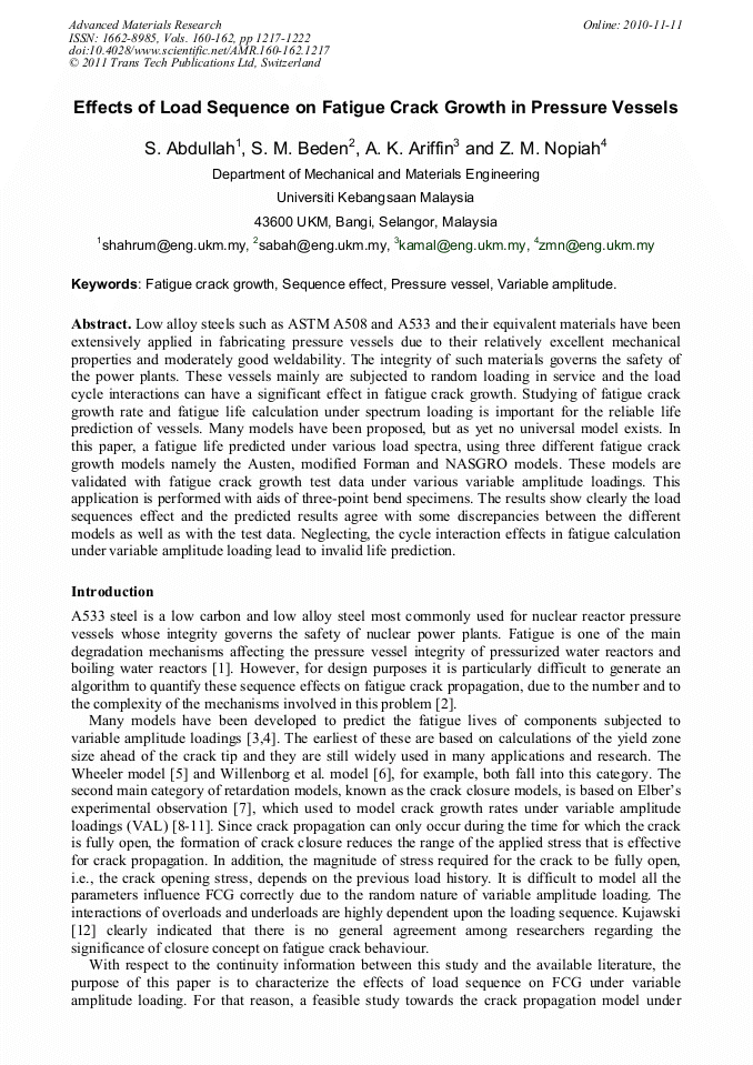 Effects of Load Sequence on Fatigue Crack Growth in Pressure Vessels ...