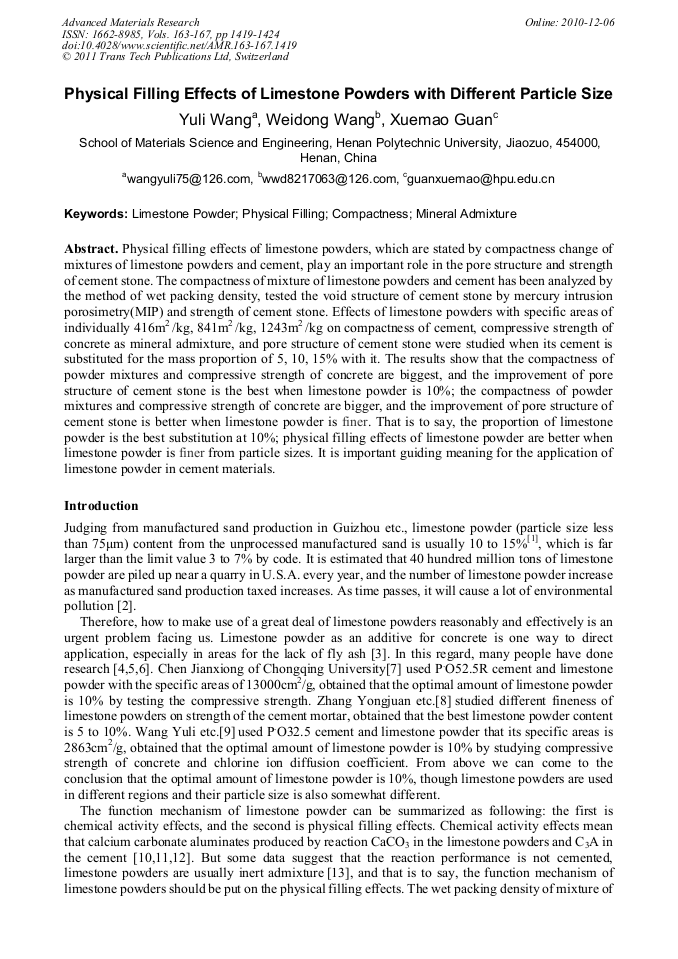 Physical Filling Effects of Limestone Powders with Different Particle