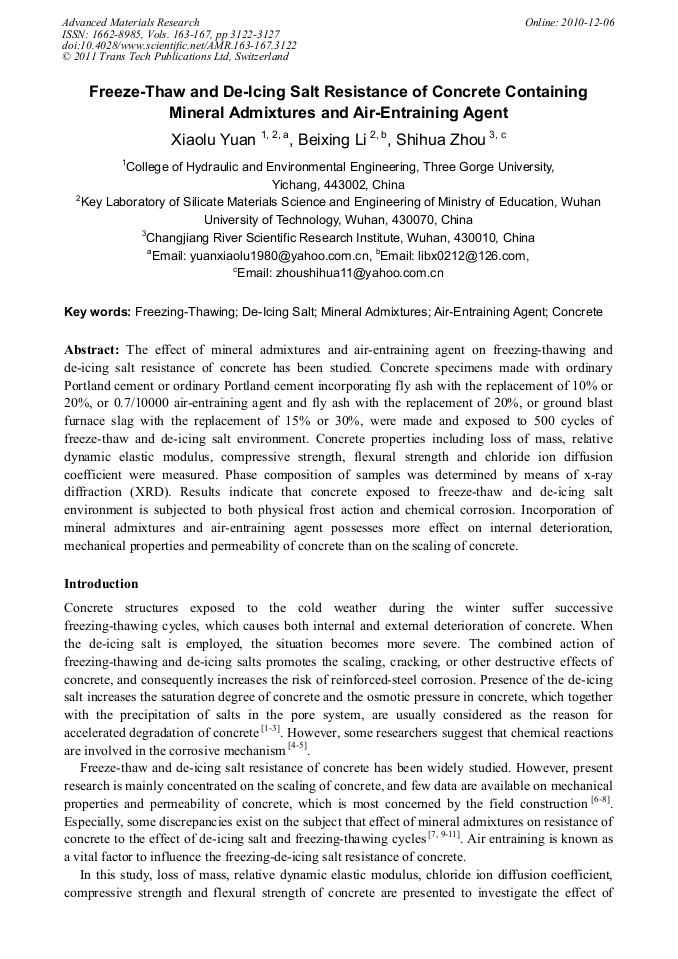 FreezeThaw and DeIcing Salt Resistance of Concrete Containing Mineral