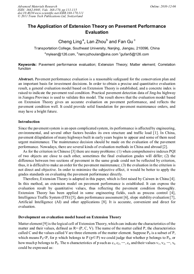 The Application of Extension Theory on Pavement Performance Evaluation