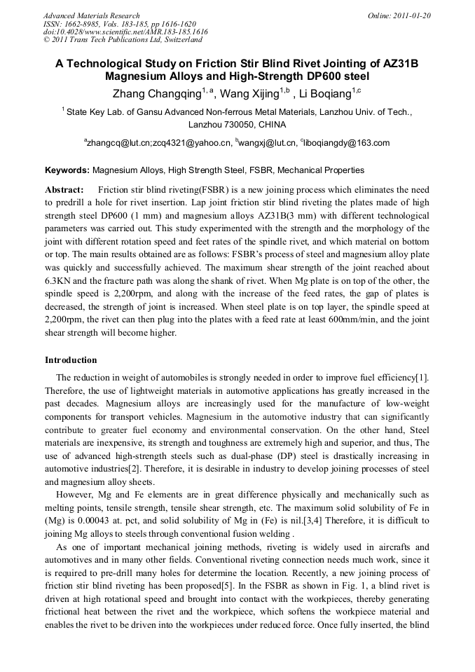 A Technological Study on Friction Stir Blind Rivet Jointing of AZ31B