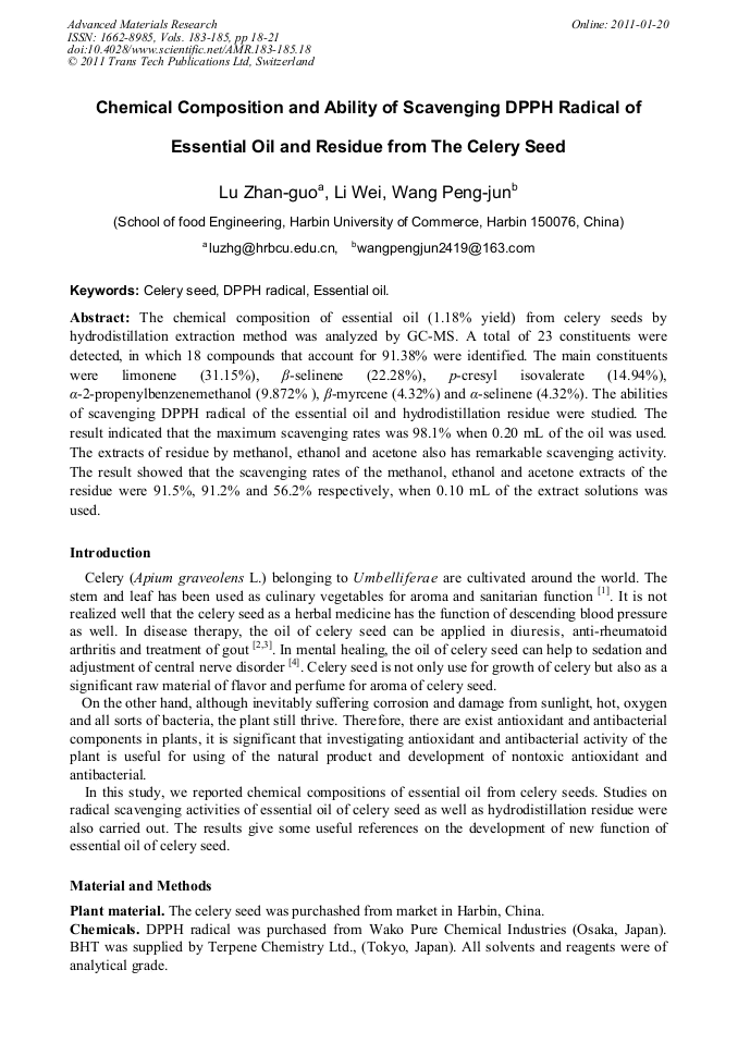 Chemical Composition and Ability of Scavenging DPPH Radical of
