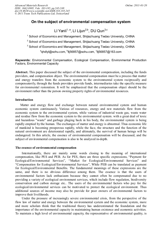 On the Subject of Environmental Compensation System