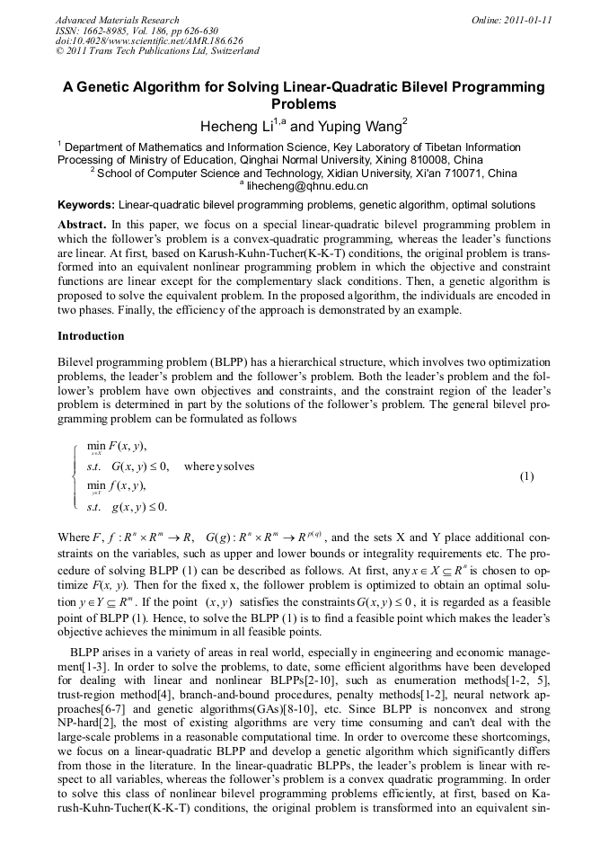 A Genetic Algorithm for Solving Linear-Quadratic Bilevel Program-Ming ...