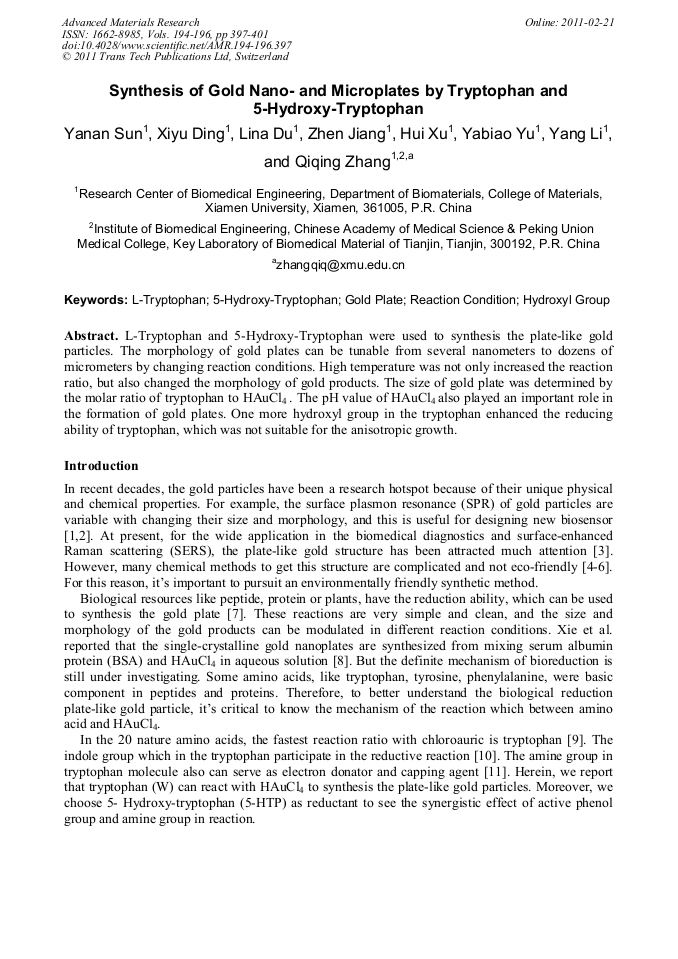 Synthesis of Gold Nano and Microplates by Tryptophan and 5Hydroxy