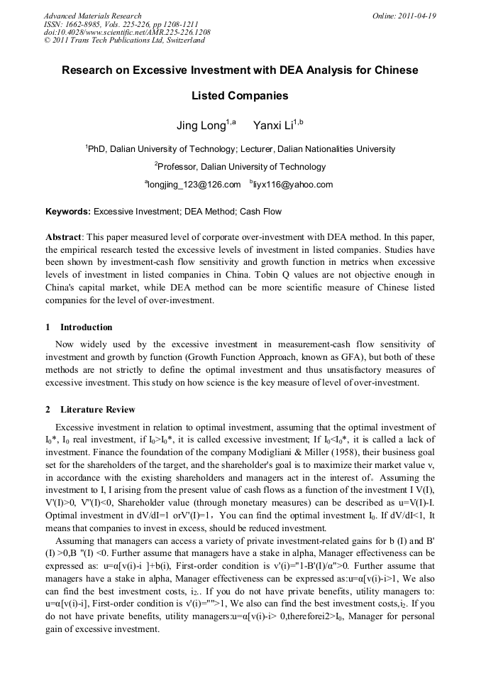 Research on Excessive Investment with DEA Analysis for Chinese Listed