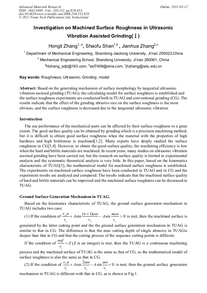 Investigation on Machined Surface Roughness in Ultrasonic Vibration