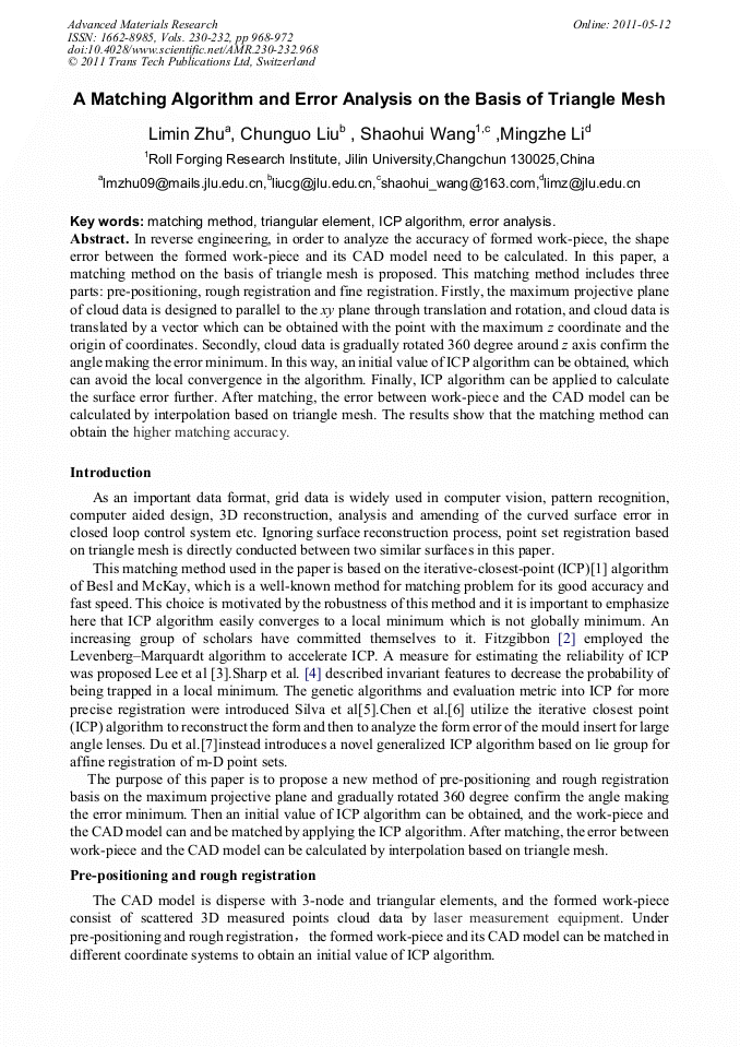 A Matching Algorithm and Error Analysis on the Basis of Triangle Mesh ...