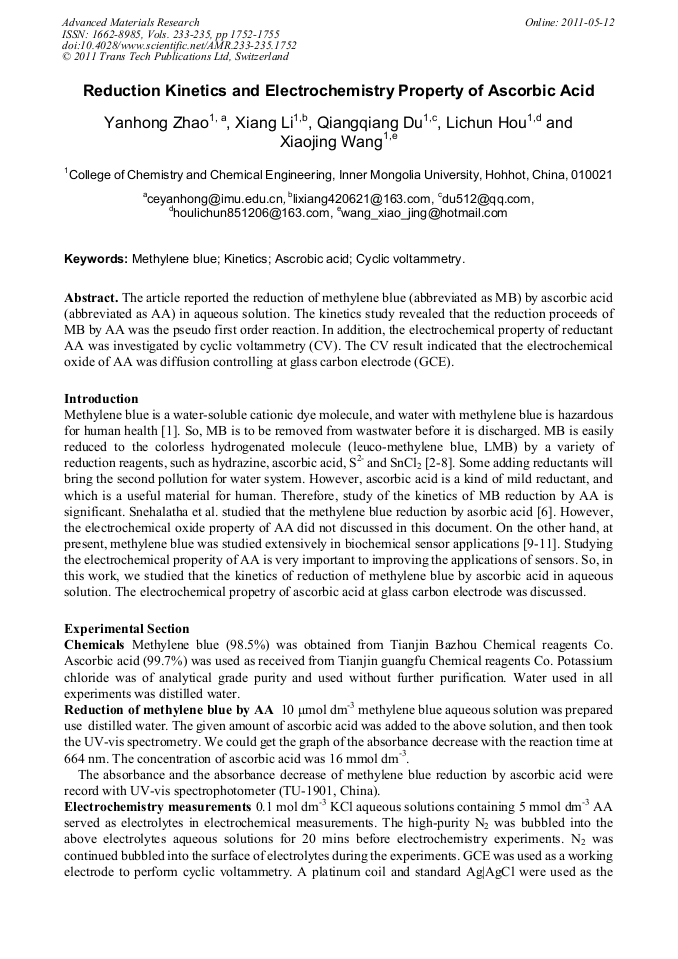 Reduction and Electrochemistry Property of Ascorbic Acid