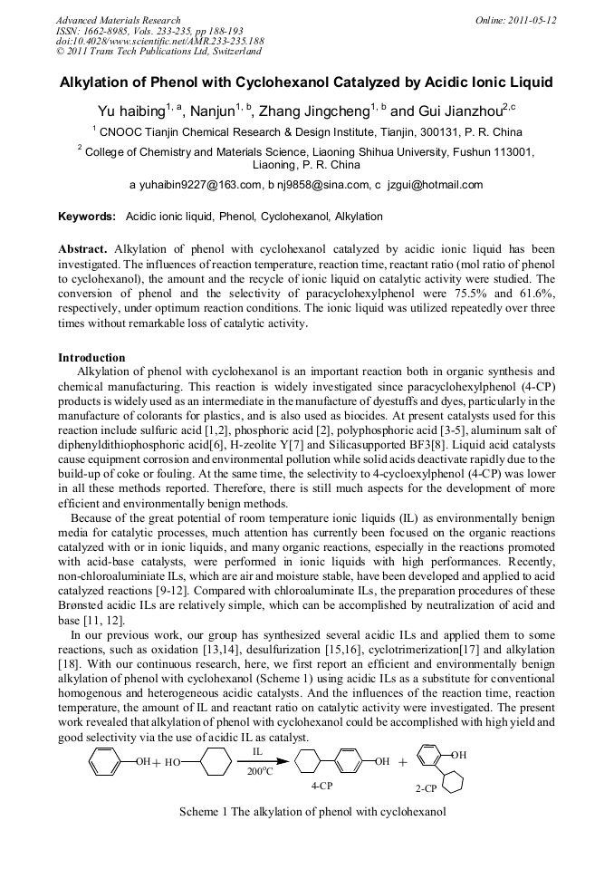 Alkylation of Phenol with Cyclohexanol Catalyzed by Acidic Ionic Liquid