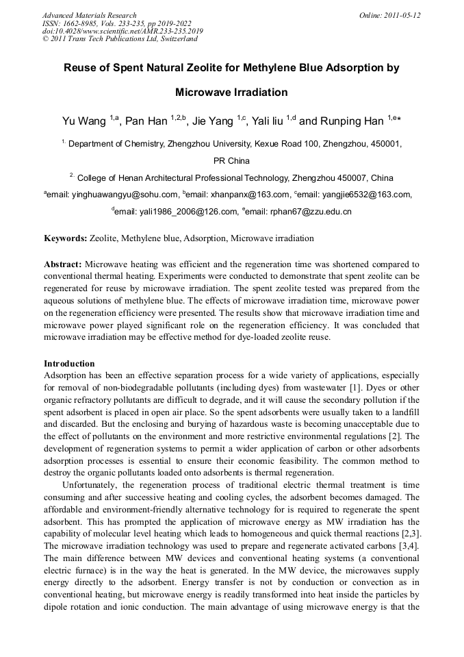 Reuse of Spent Natural Zeolite for Methylene Blue Adsorption by Microwave Irradiation