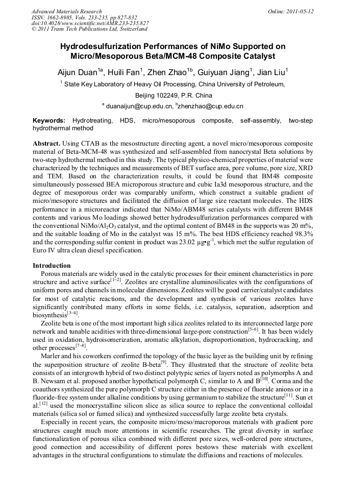 Hydrodesulfurization Performances Of Nimo Supported On Micro Mesoporous Beta Mcm 48 Composite Catalyst Scientific Net