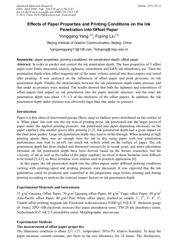 Effects of Paper Properties and Printing Conditions on the Ink