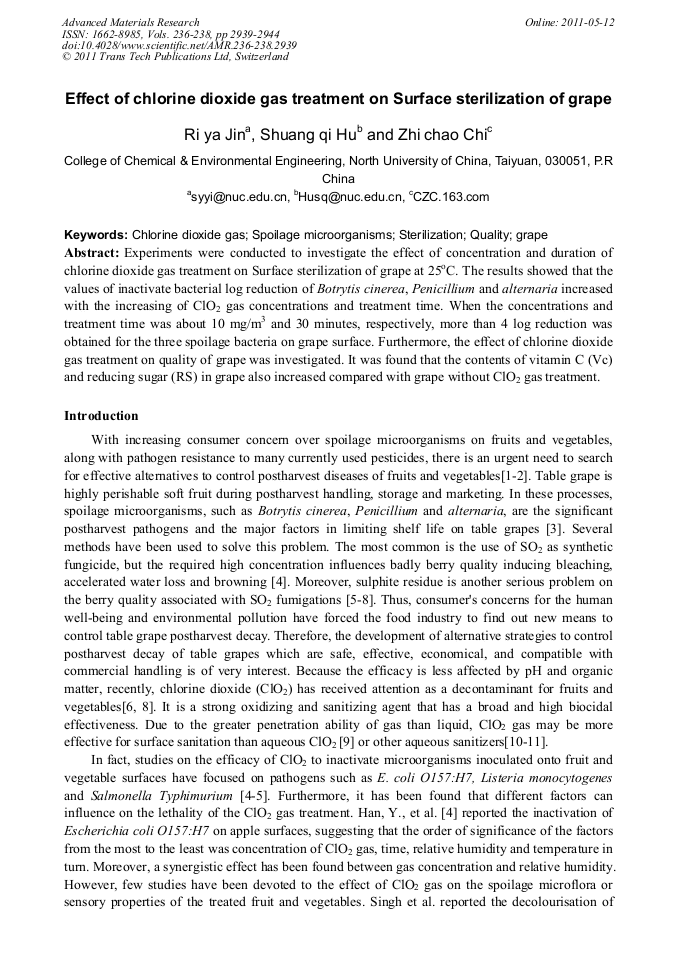 Effect of Chlorine Dioxide Gas Treatment on Surface Sterilization of