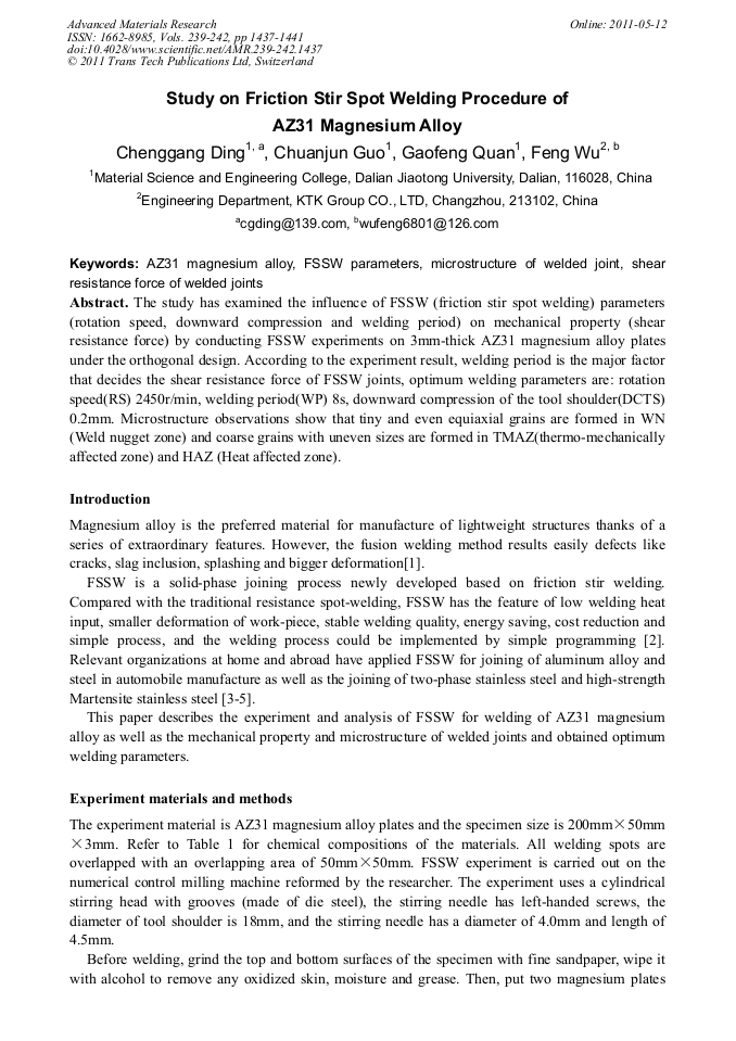 Study on Friction Stir Spot Welding Procedure of AZ31 Magnesium Alloy ...