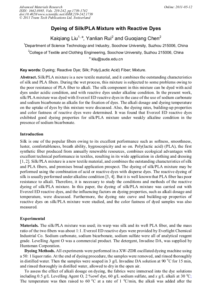 Dyeing of Silk/PLA Mixture with Reactive Dyes