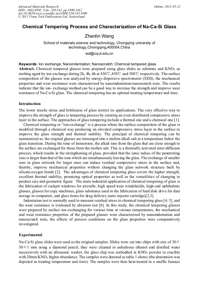 Chemical Tempering Process and Characterization of NaCaSi Glass