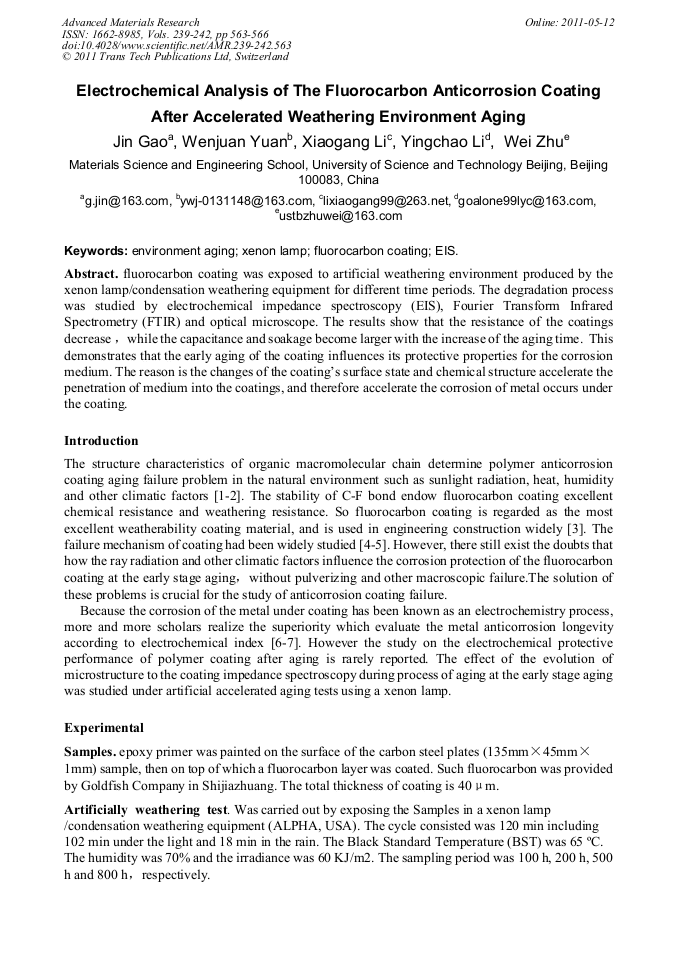 Electrochemical Analysis of the Fluorocarbon Anticorrosion Coating