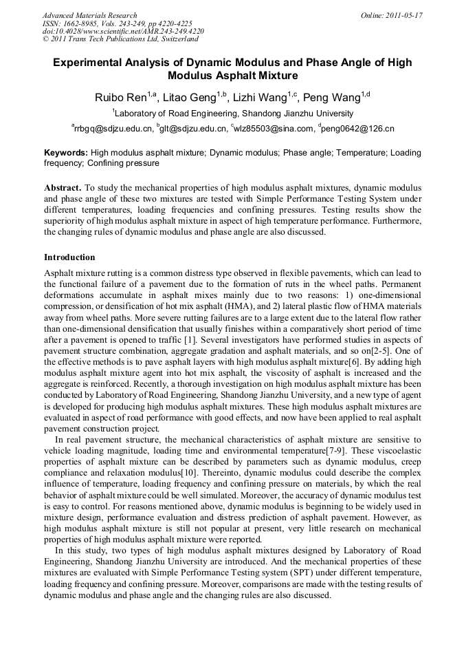 Experimental Analysis of Dynamic Modulus and Phase Angle of High ...