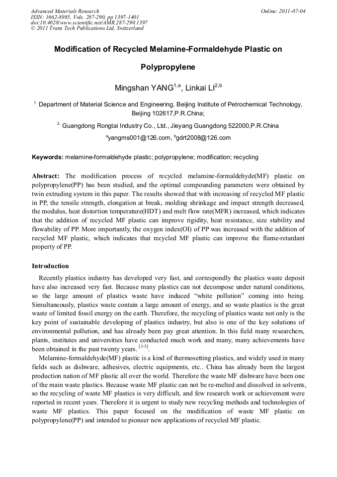 Modification of Recycled MelamineFormaldehyde Plastic on Polypropylene