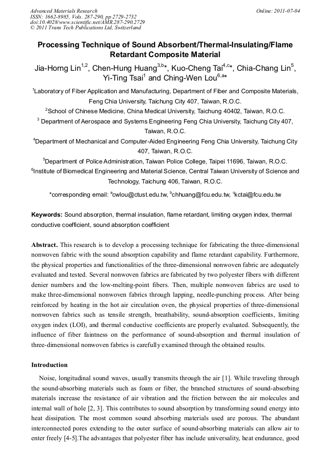 Processing Technique Of Sound Absorbent Thermal Insulating Flame Retardant Composite Material Scientific Net
