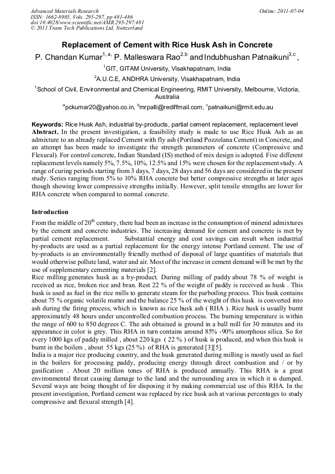Replacement Of Cement With Rice Husk Ash In Concrete Scientific Net