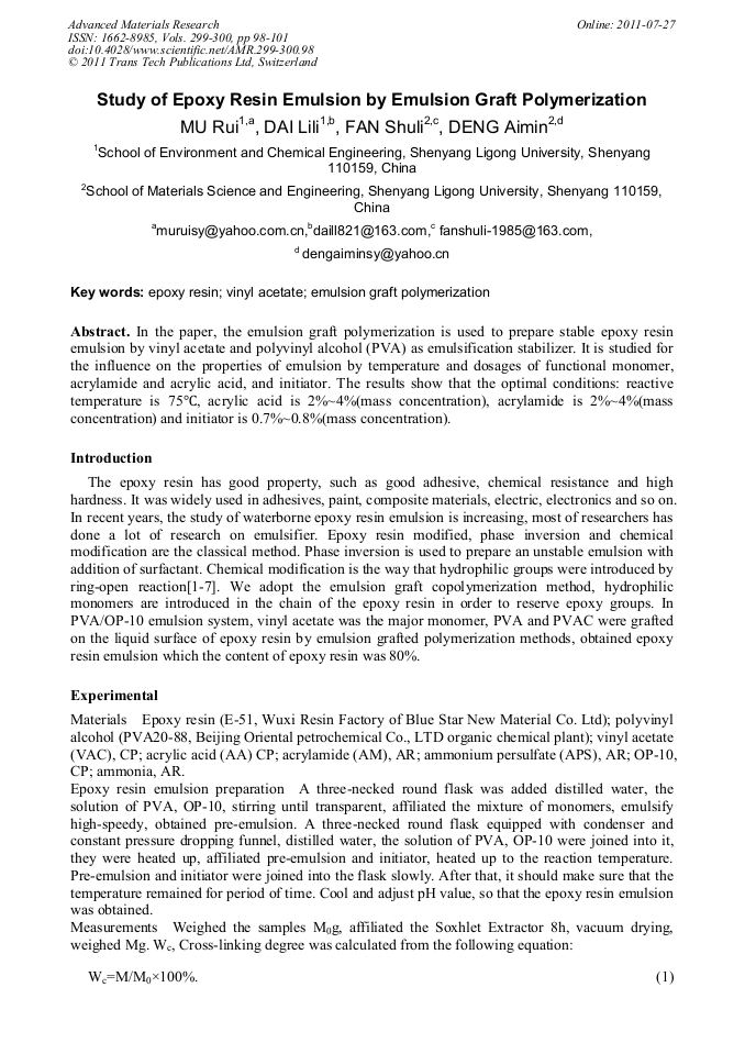 Study of Epoxy Resin Emulsion by Emulsion Graft Polymerization