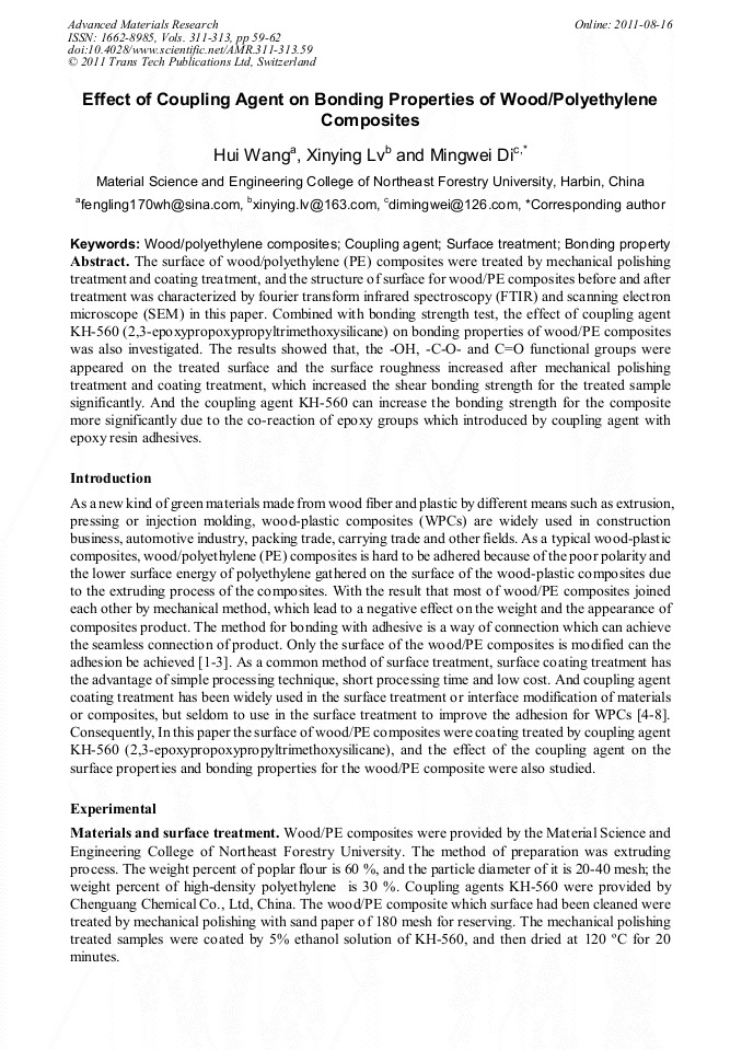 Effect of Coupling Agent on Bonding Properties of Wood/Polyethylene