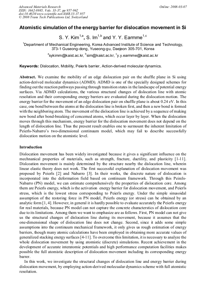 Atomistic Simulation of the Energy Barrier for Dislocation Movement in ...