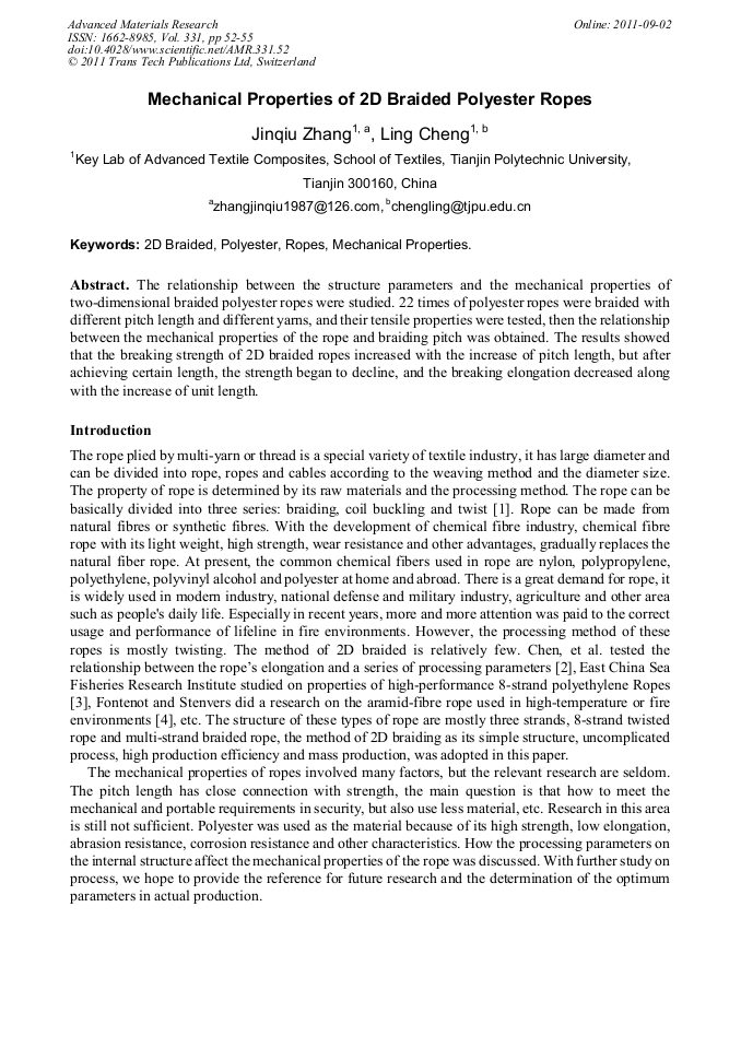 Mechanical Properties of 2D Braided Polyester Ropes | Scientific.Net