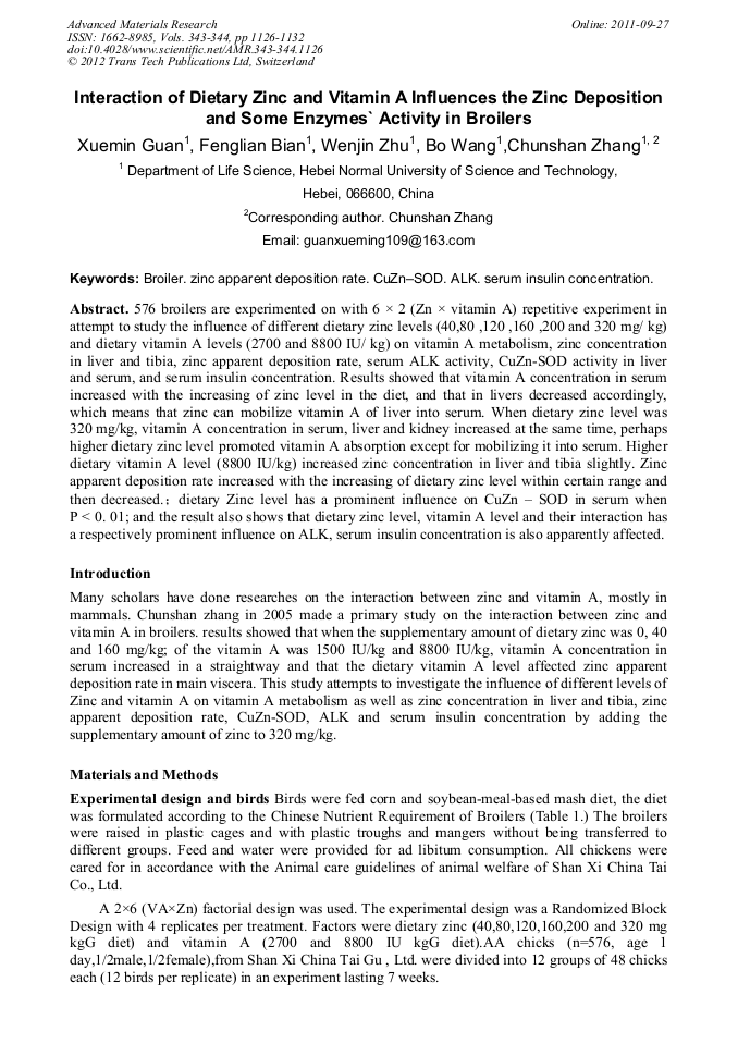 Interaction of Dietary Zinc and Vitamin A Influences the Zinc