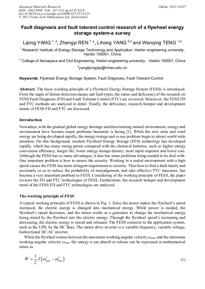 Fault Diagnosis and Fault Tolerant Control Research of a Flywheel Energy Storage Systema Survey