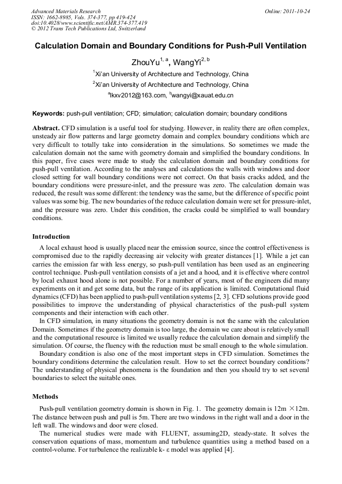 Calculation Domain and Boundary Conditions for PushPull Ventilation