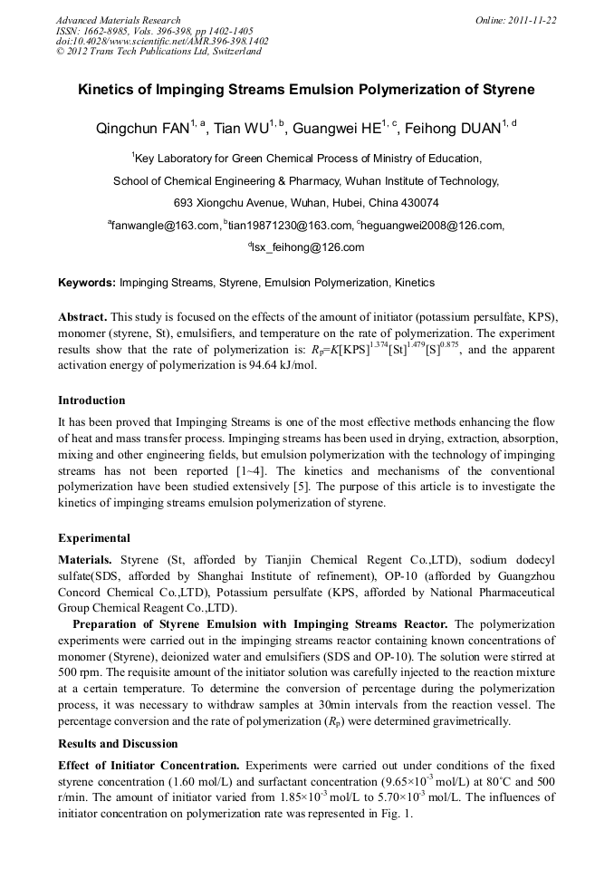 of Impinging Streams Emulsion Polymerization of Styrene