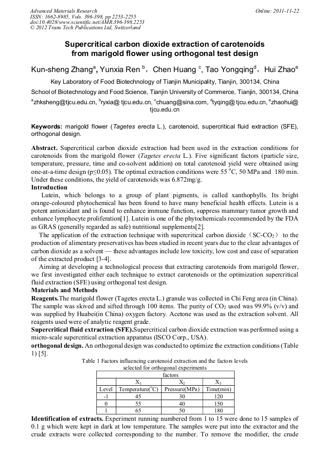 Supercritical Carbon Dioxide Extraction of Carotenoids from Marigold