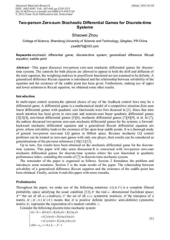 Two Person Zero Sum Stochastic Differential Games For - 